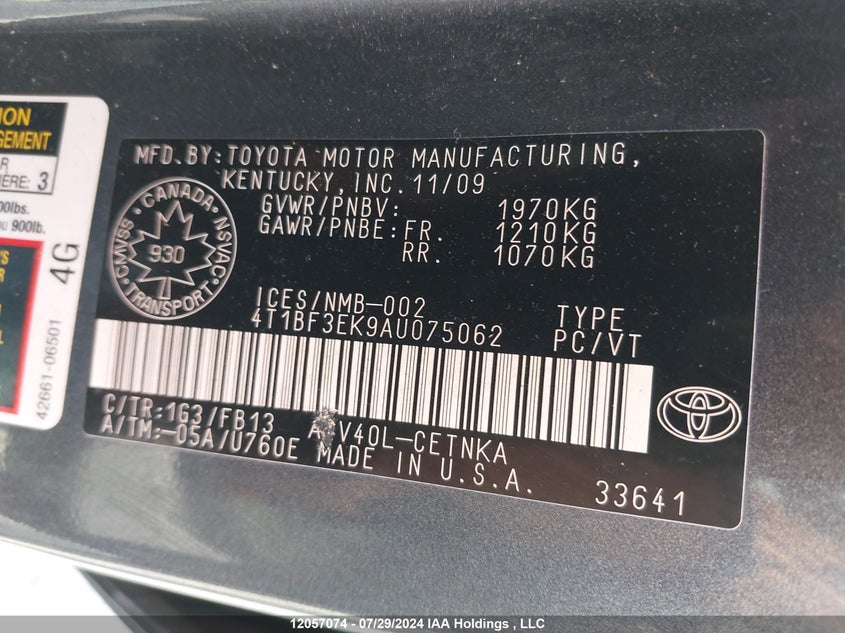 2010 Toyota Camry Se/Le/Xle VIN: 4T1BF3EK9AU075062 Lot: 12057074