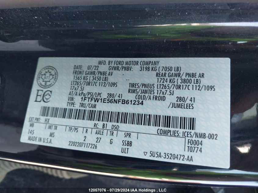 2022 Ford F150 Supercrew VIN: 1FTFW1E56NFB61234 Lot: 12057076