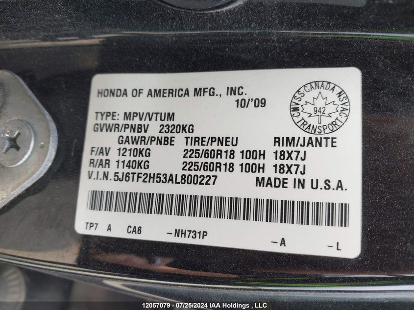 2010 Honda Accord Crosstour VIN: 5J6TF2H53AL800227 Lot: 12057079