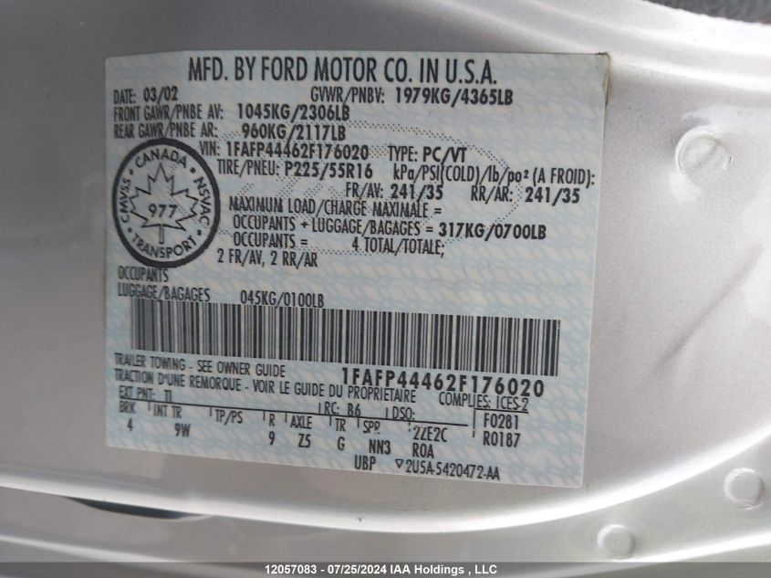 2002 Ford Mustang VIN: 1FAFP44462F176020 Lot: 12057083