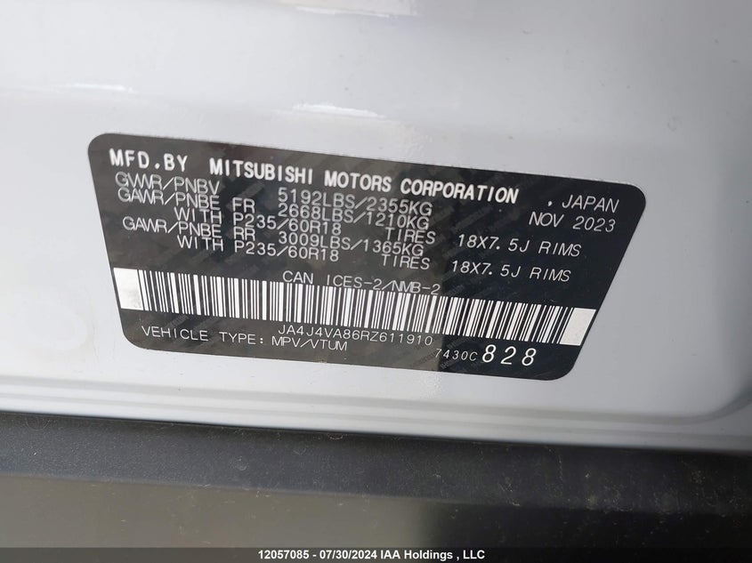 2024 Mitsubishi Outlander VIN: JA4J4VA86RZ611910 Lot: 12057085