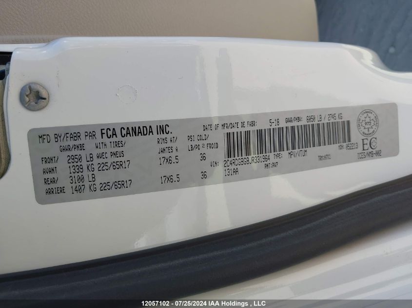 2018 Dodge Grand Caravan VIN: 2C4RDGBG8JR331964 Lot: 12057102