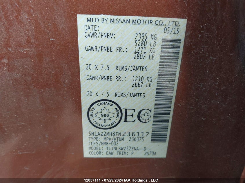 2015 Nissan Murano VIN: 5N1AZ2MH8FN236117 Lot: 12057111