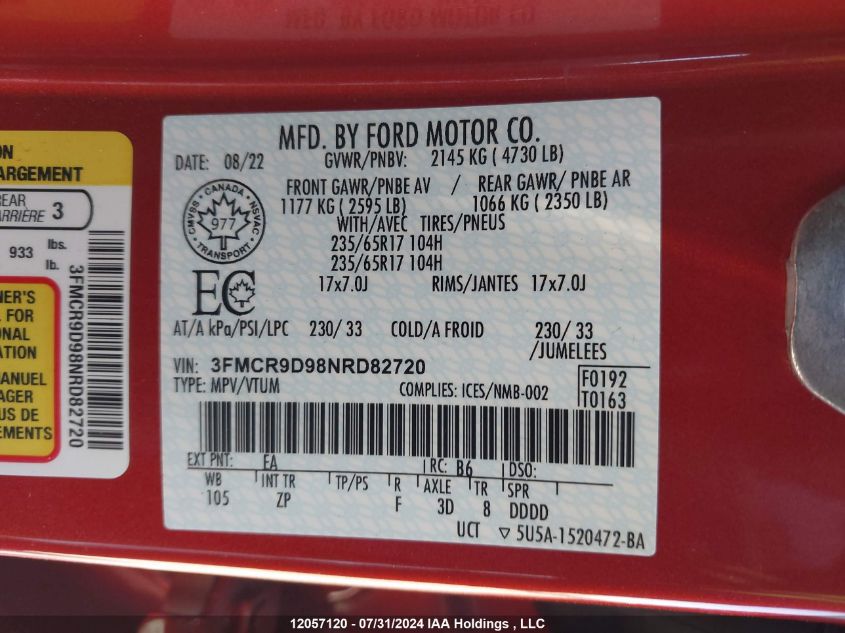 2022 Ford Bronco Sport Badlands VIN: 3FMCR9D98NRD82720 Lot: 12057120