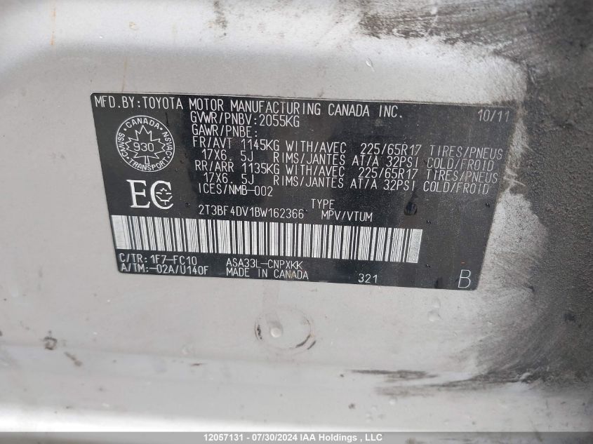 2011 Toyota Rav4 VIN: 2T3BF4DV1BW162366 Lot: 12057131