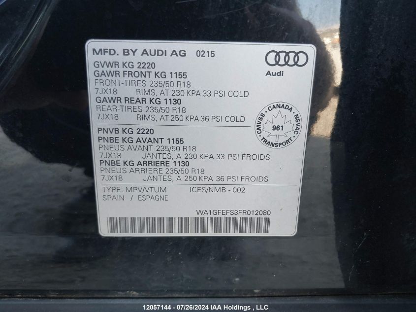 2015 Audi Q3 VIN: WA1GFEFS3FR012080 Lot: 12057144