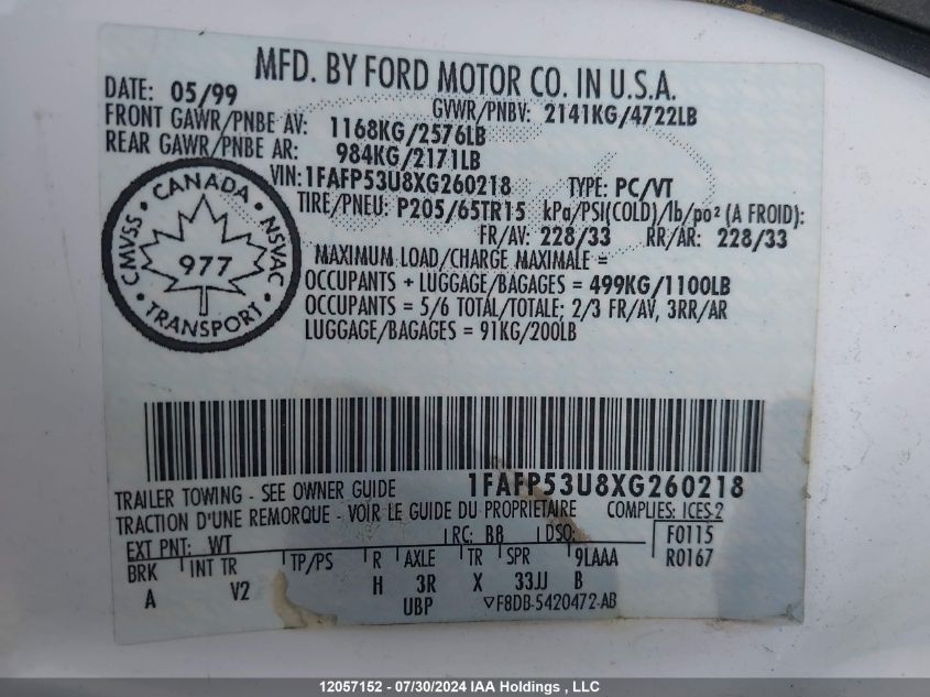 1999 Ford Taurus Se VIN: 1FAFP53U8XG260218 Lot: 12057152