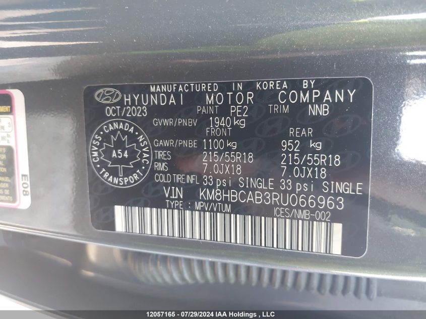 2024 Hyundai Kona 2.0L Preferred VIN: KM8HBCAB3RU066963 Lot: 12057165