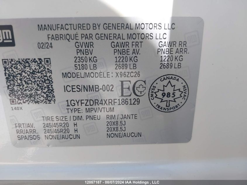 2024 Cadillac Xt4 VIN: 1GYFZDR4XRF186129 Lot: 12057187