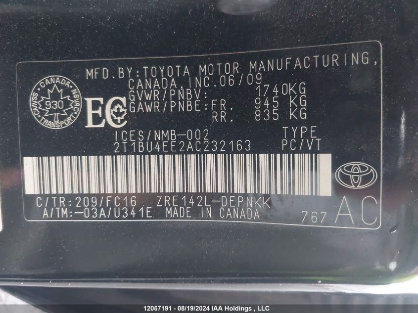 2010 Toyota Corolla VIN: 2T1BU4EE2AC232163 Lot: 12057191