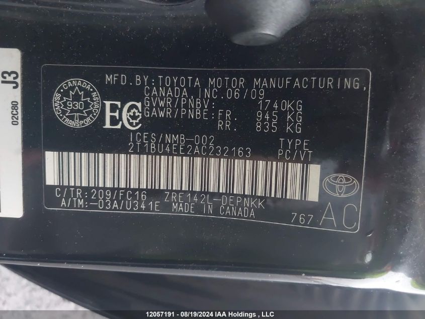 2010 Toyota Corolla VIN: 2T1BU4EE2AC232163 Lot: 12057191