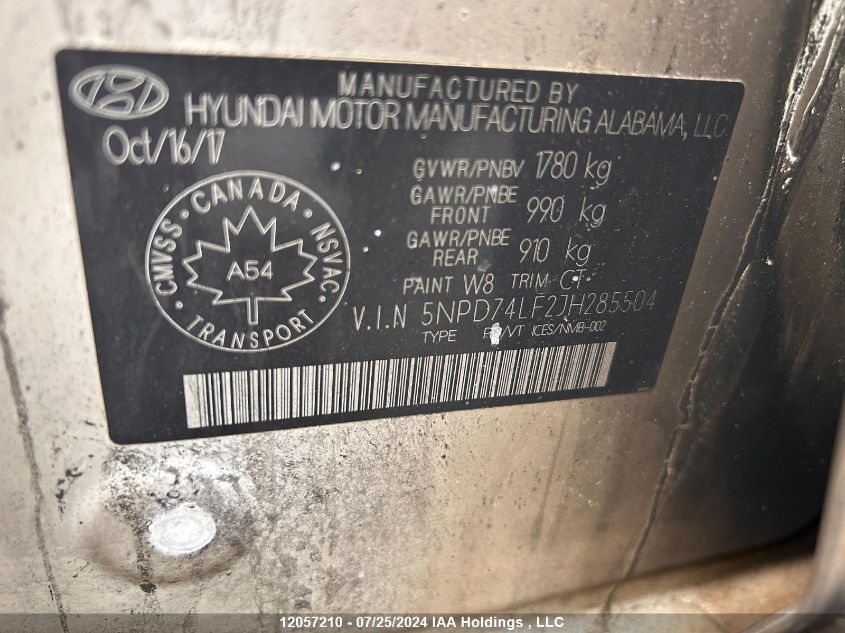 2018 Hyundai Elantra Se VIN: 5NPD74LF2JH285504 Lot: 12057210