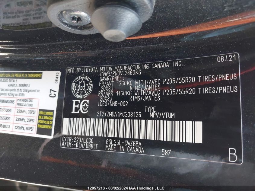 2021 Lexus Rx 350 F Sport VIN: 2T2YZMDA1MC308126 Lot: 12057213