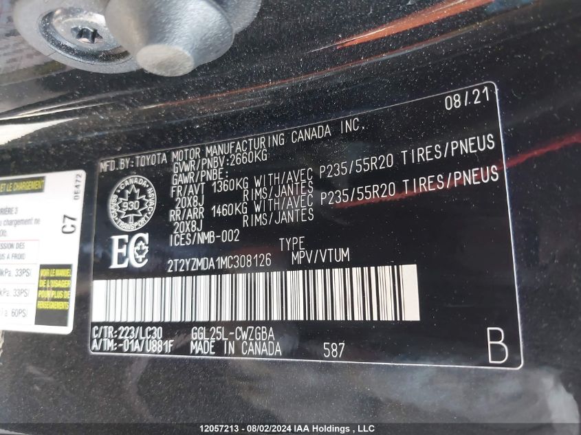 2021 Lexus Rx 350 F Sport VIN: 2T2YZMDA1MC308126 Lot: 12057213