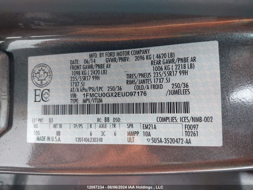 2014 Ford Escape Se VIN: 1FMCU0GX2EUD97176 Lot: 12057234