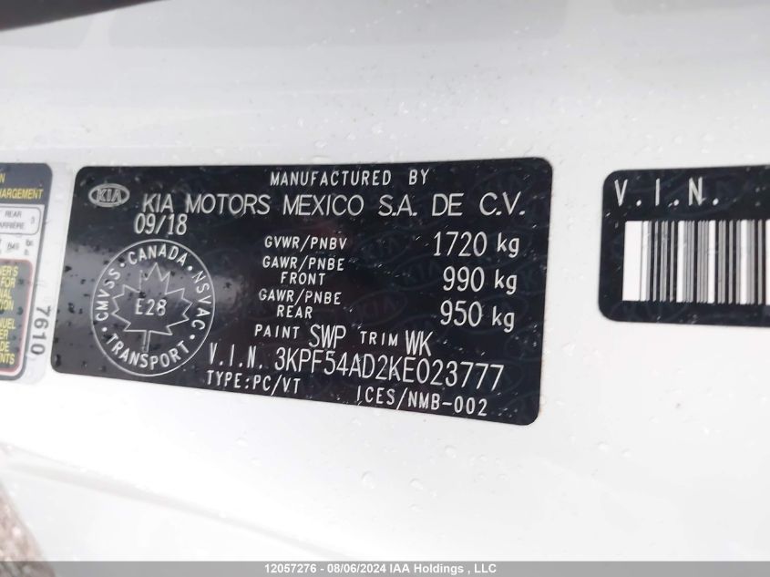 2019 Kia Forte VIN: 3KPF54AD2KE023777 Lot: 12057276