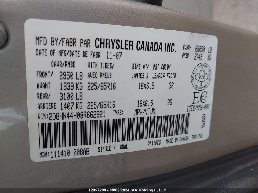 2008 Dodge Grand Caravan Se VIN: 2D8HN44H08R662921 Lot: 12057280