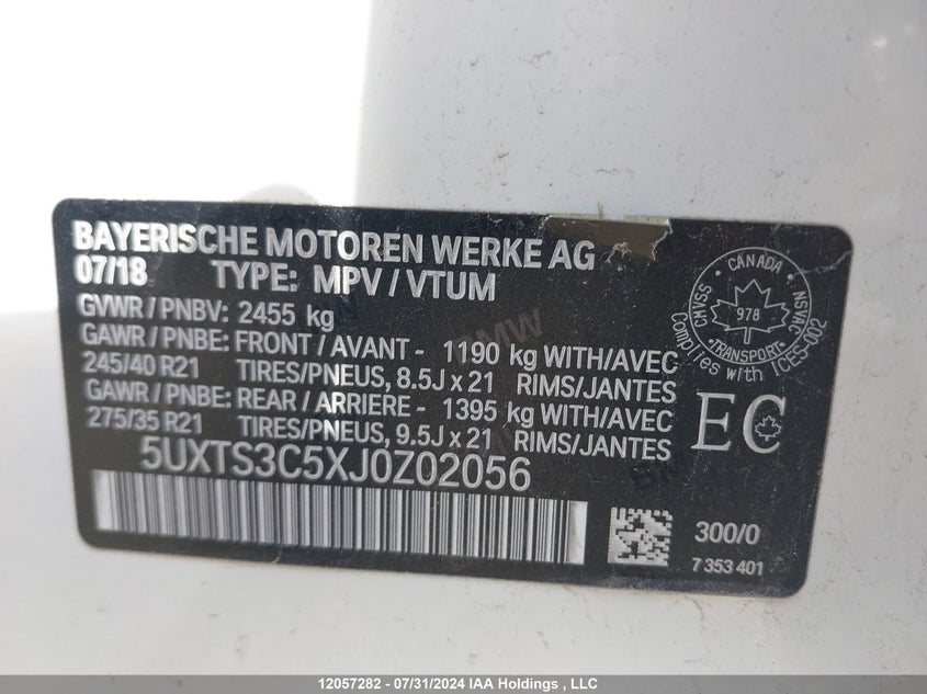 2018 BMW X3 VIN: 5UXTS3C5XJ0Z02056 Lot: 12057282