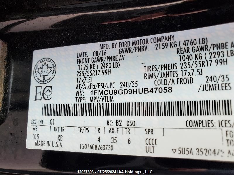 2017 Ford Escape Se VIN: 1FMCU9GD9HUB47058 Lot: 12057303