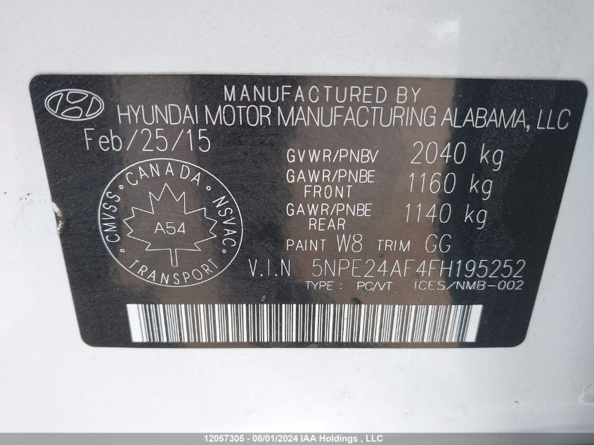 2015 Hyundai Sonata Gls VIN: 5NPE24AF4FH195252 Lot: 12057305