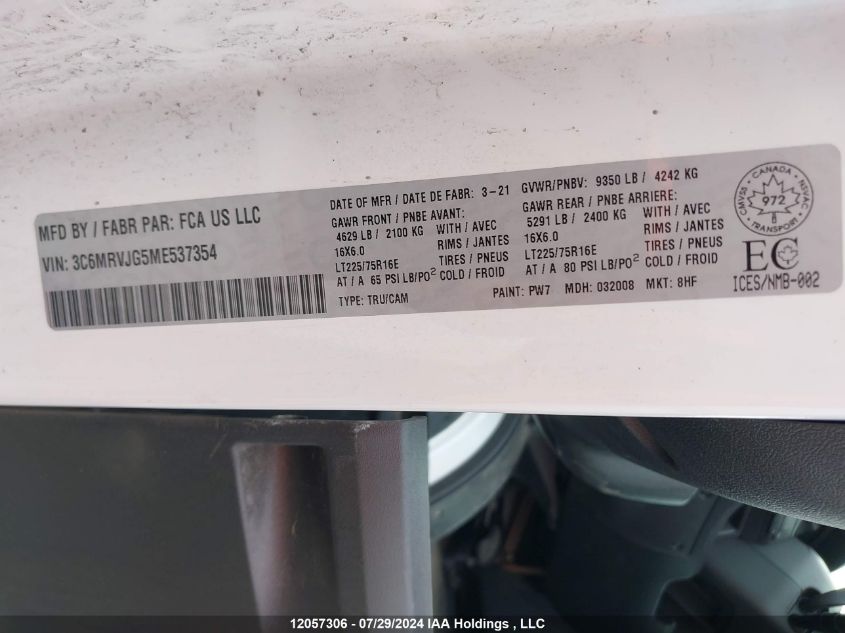 2021 Ram Promaster 3500 3500 High VIN: 3C6MRVJG5ME537354 Lot: 12057306