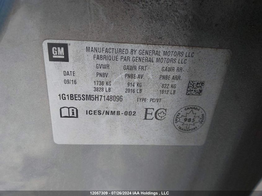 2017 Chevrolet Cruze Lt VIN: 1G1BE5SM5H7148096 Lot: 12057309