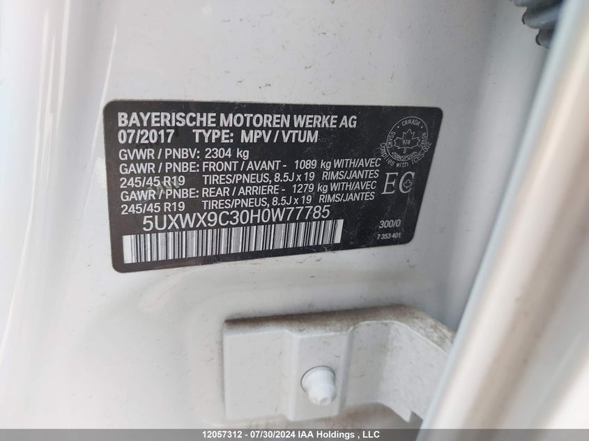 2017 BMW X3 VIN: 5UXWX9C30H0W77785 Lot: 12057312