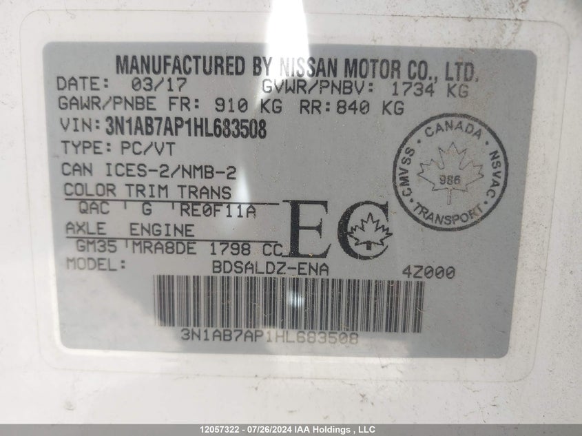 2017 Nissan Sentra VIN: 3N1AB7AP1HL683508 Lot: 12057322