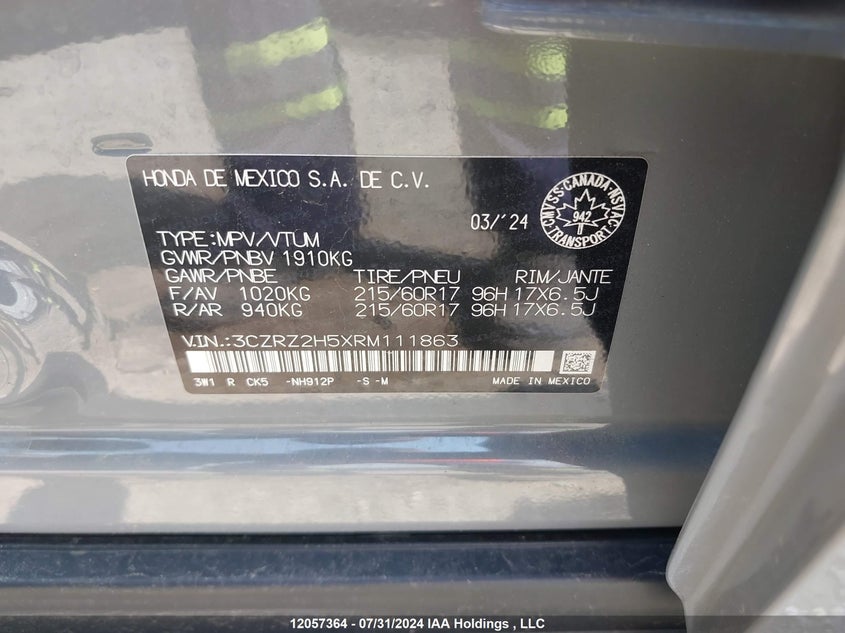 2024 Honda Hr-V VIN: 3CZRZ2H5XRM111863 Lot: 12057364
