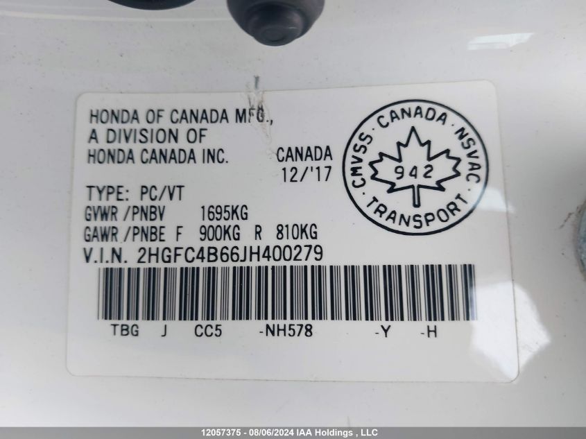 2018 Honda Civic VIN: 2HGFC4B66JH400279 Lot: 12057375
