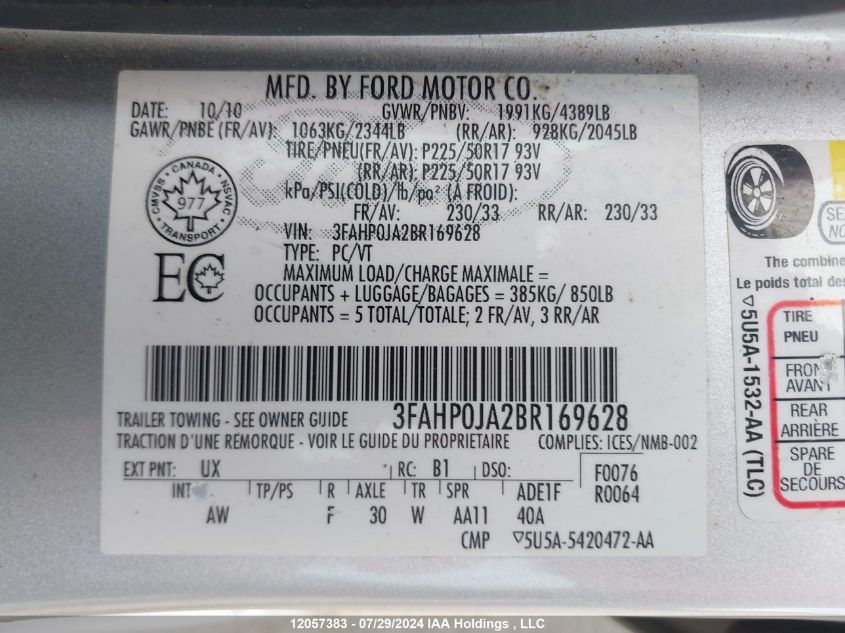 2011 Ford Fusion Sel VIN: 3FAHP0JA2BR169628 Lot: 12057383