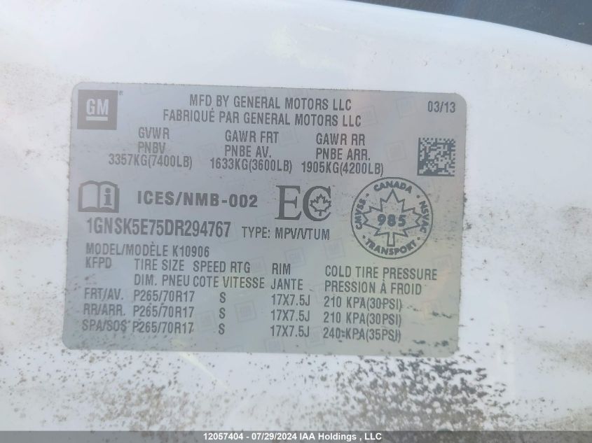 2013 Chevrolet Suburban VIN: 1GNSK5E75DR294767 Lot: 12057404