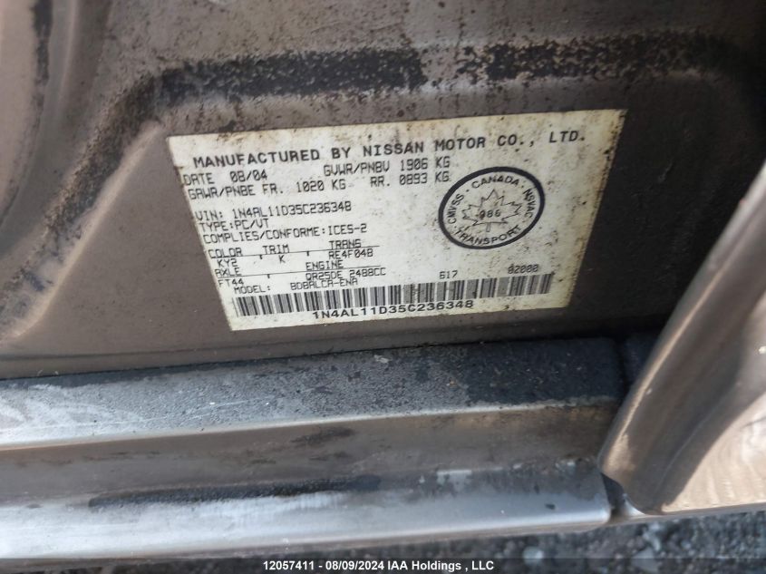 2005 Nissan Altima 2.5 S VIN: 1N4AL11D35C236348 Lot: 12057411