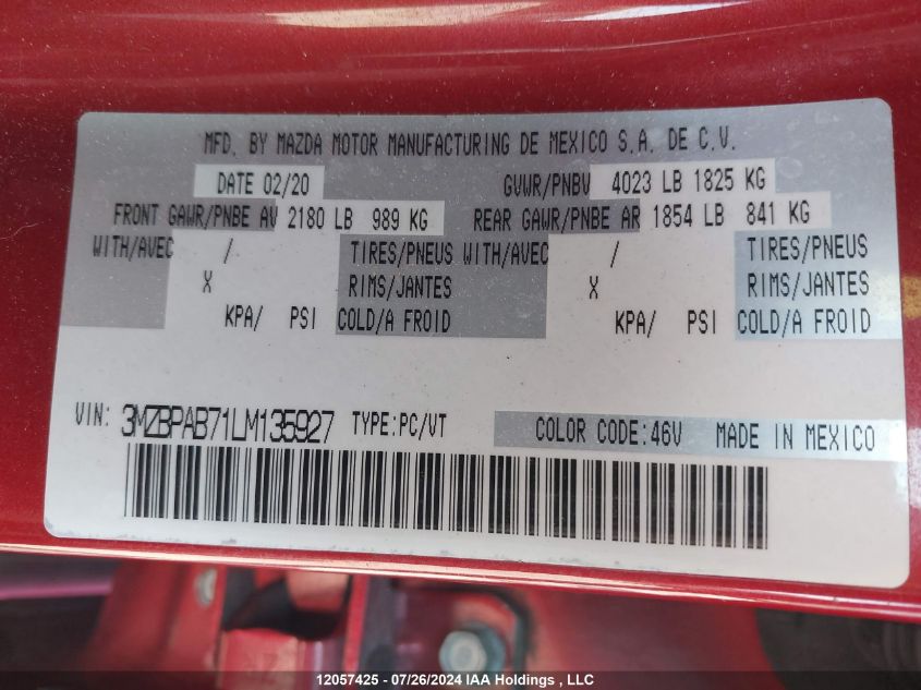 2020 Mazda Mazda3 VIN: 3MZBPAB71LM135927 Lot: 12057425