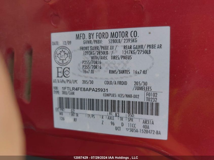 2010 Ford Ranger VIN: 1FTLR4FE8APA25931 Lot: 12057429