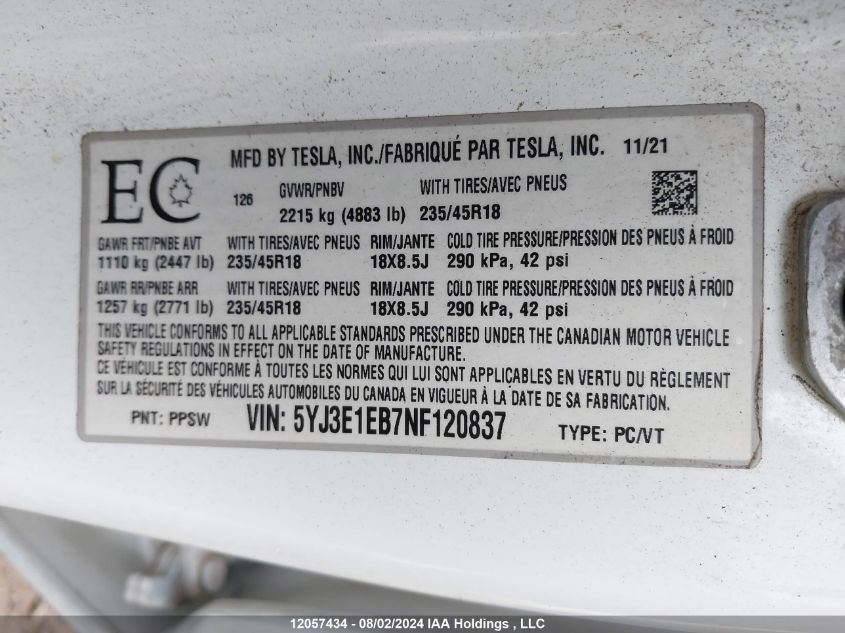 2022 Tesla Model 3 VIN: 5YJ3E1EB7NF120837 Lot: 12057434