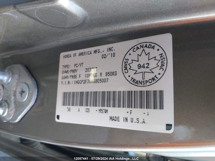 2010 Honda Accord Sedan VIN: 1HGCP2F78AA805007 Lot: 12057441