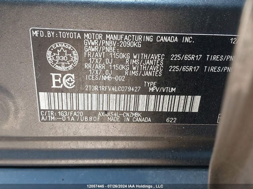 2020 Toyota Rav4 Xle VIN: 2T3R1RFV4LC079427 Lot: 12057445