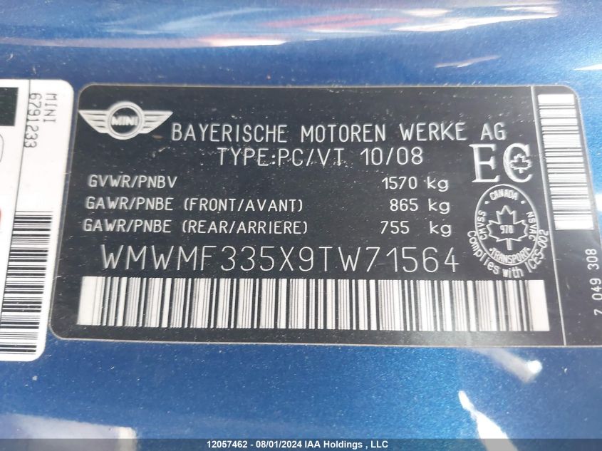 2009 Mini Cooper Hardtop VIN: WMWMF335X9TW71564 Lot: 12057462