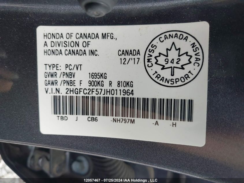 2018 Honda Civic Lx VIN: 2HGFC2F57JH011964 Lot: 12057467