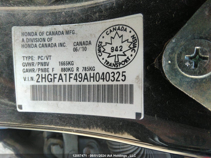 2010 Honda Civic Sdn VIN: 2HGFA1F49AH040325 Lot: 12057471