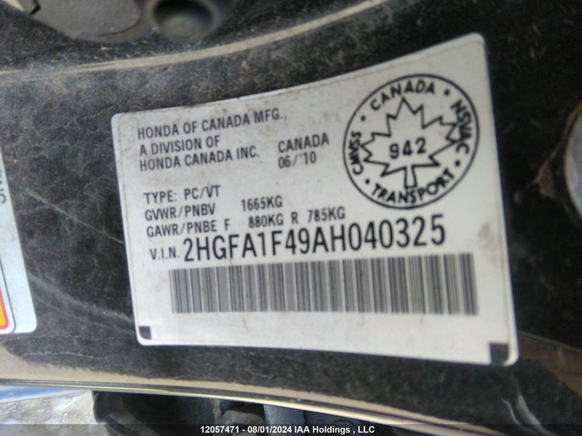 2010 Honda Civic Sdn VIN: 2HGFA1F49AH040325 Lot: 12057471