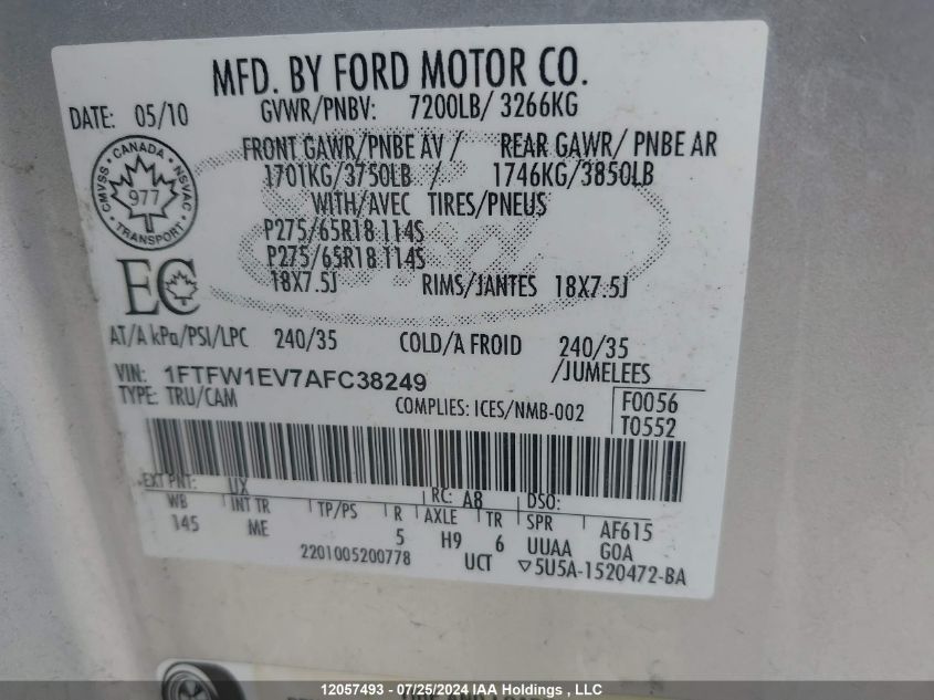 2010 Ford F-150 VIN: 1FTFW1EV7AFC38249 Lot: 12057493