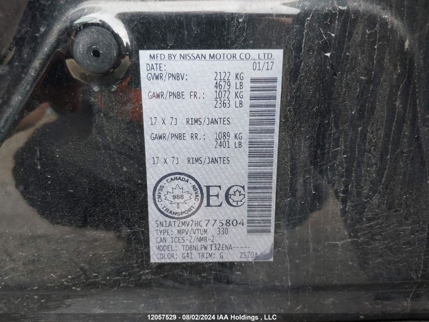 2017 Nissan Rogue VIN: 5N1AT2MV7HC775804 Lot: 12057529