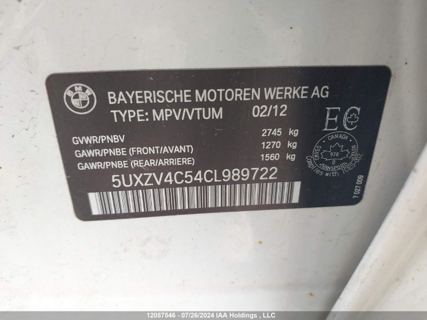2012 BMW X5 VIN: 5UXZV4C54CL989722 Lot: 12057546