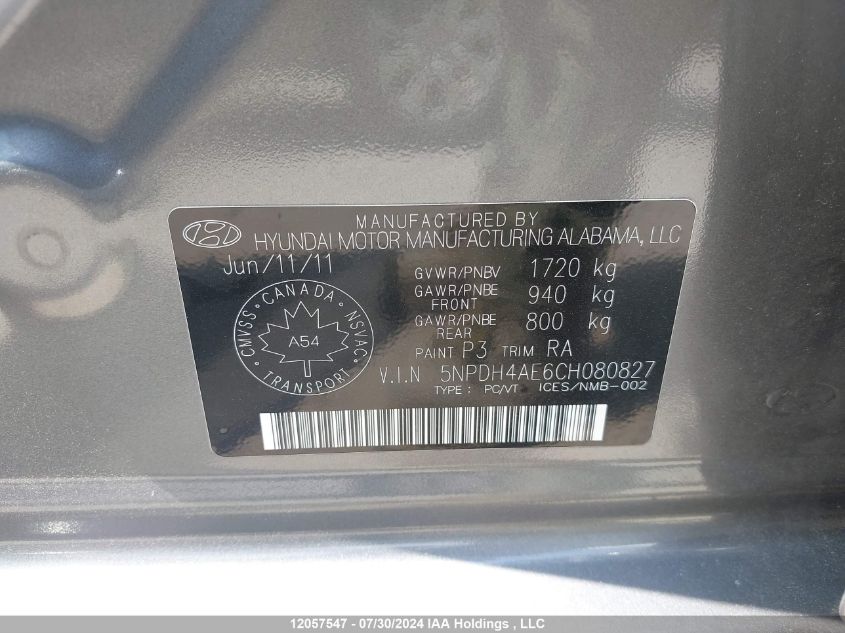 2012 Hyundai Elantra VIN: 5NPDH4AE6CH080827 Lot: 12057547