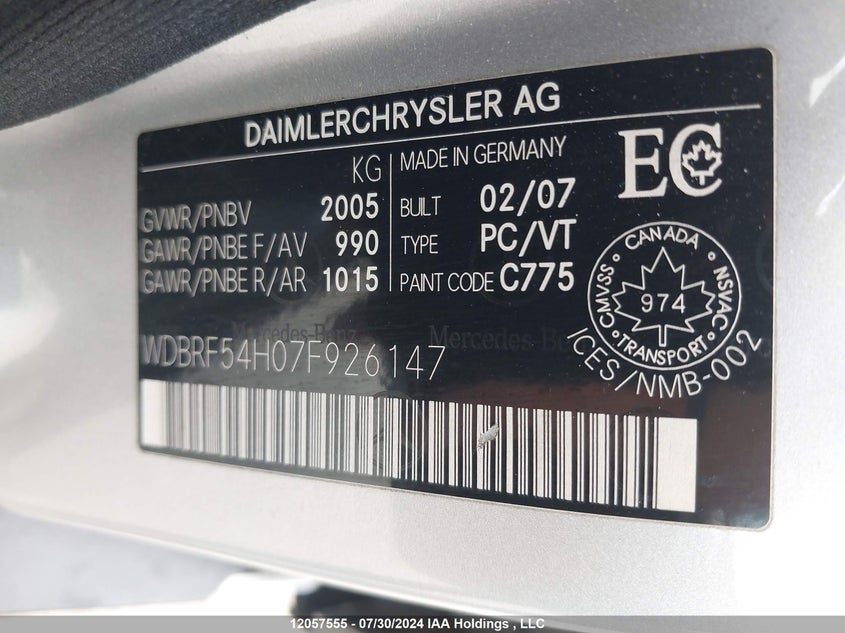 2007 Mercedes-Benz 280 VIN: WDBRF54H07F926147 Lot: 12057555