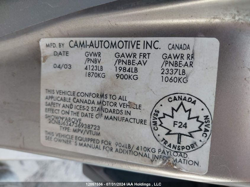 2003 Chevrolet Tracker VIN: 2CNBJ634736938723 Lot: 12057556