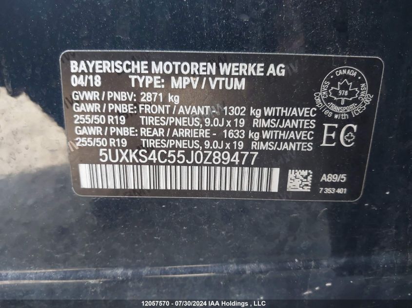 2018 BMW X5 VIN: 5UXKS4C55J0Z89477 Lot: 12057570