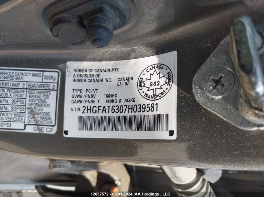 2007 Honda Civic VIN: 2HGFA16307H039581 Lot: 12057572